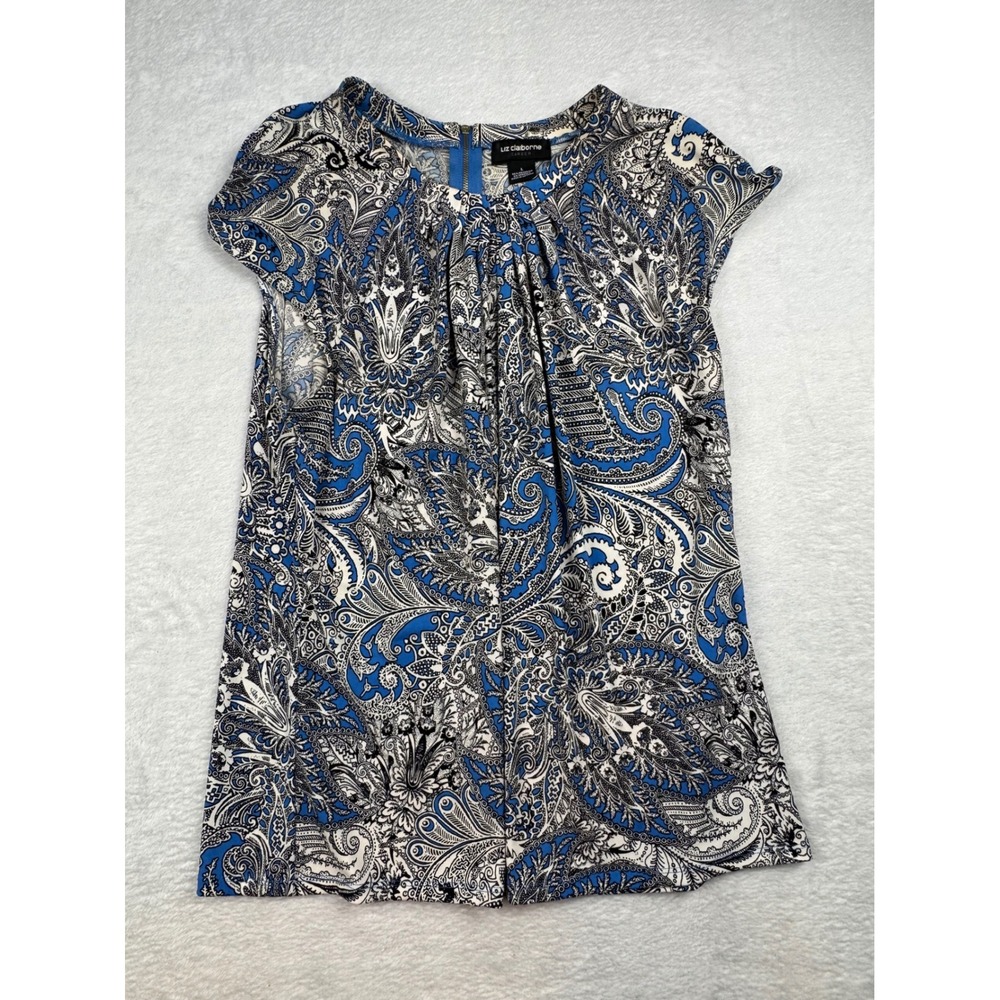 Liz Claiborne Career Blue Paisley Sleeveless Blouse Zipper Back Size L